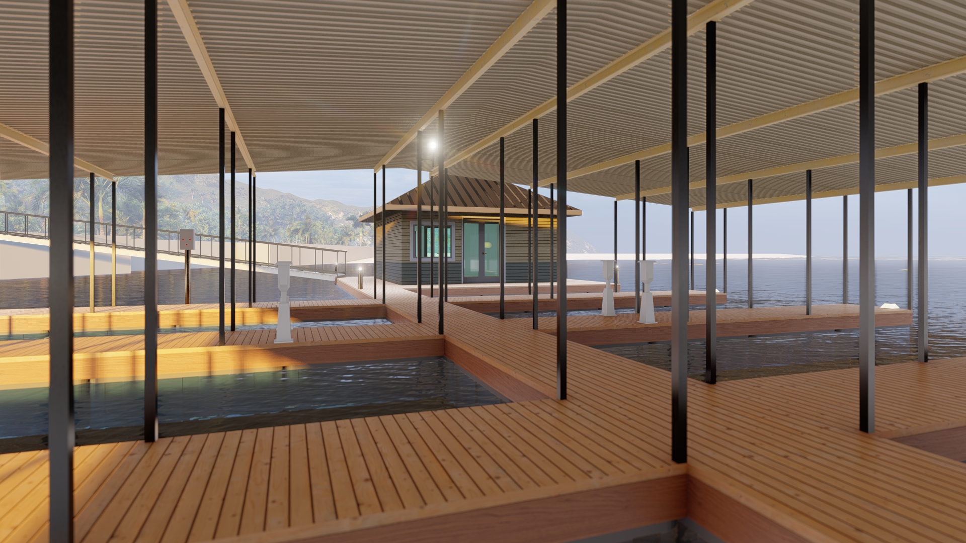 Dock-level view of boat slips